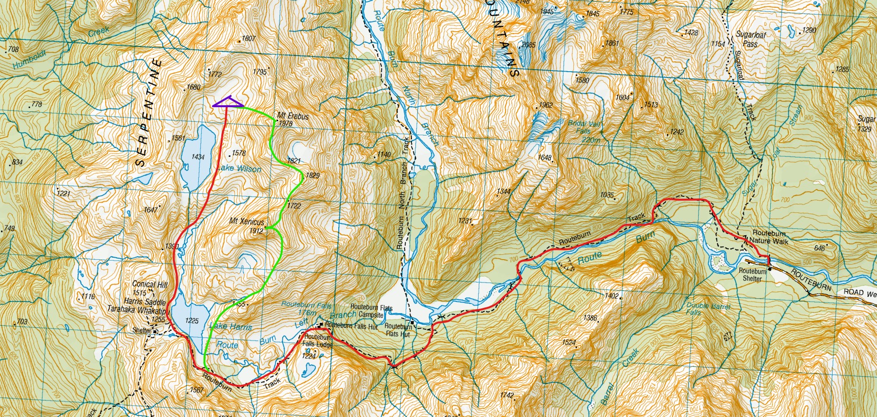 Approximate route up the Routeburn track (red) and to a campsite (purple triangle) above Lake Wilson. The climb of Mount Erebus is the green track with the extension to Mount Xenicus and back to the Routeburn track. Approximate route up the Routeburn track (red) and to a campsite (purple triangle) above Lake Wilson. The climb of Mount Erebus is the green track with the extension to Mount Xenicus and back to the Routeburn track.